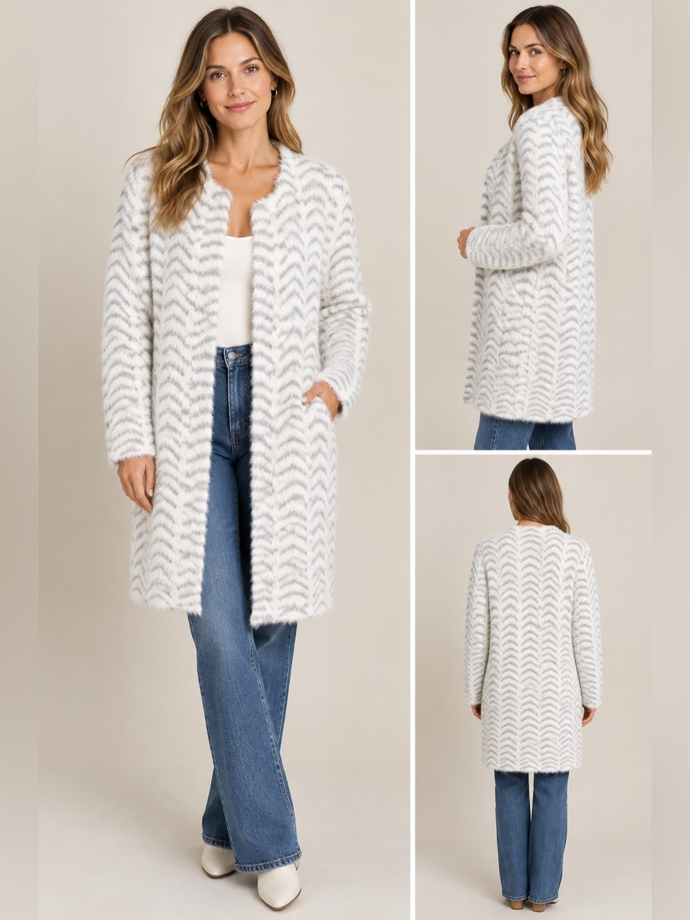 Solitaire white/light gray fluffy, patterned cardigan, single hook closure, Med